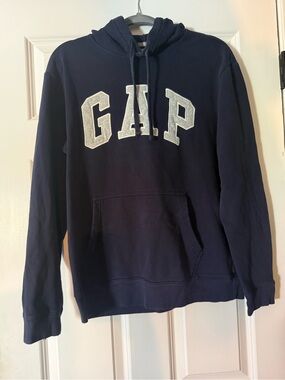 GAP Men's Navy Crewneck Hoodie with White Logo
